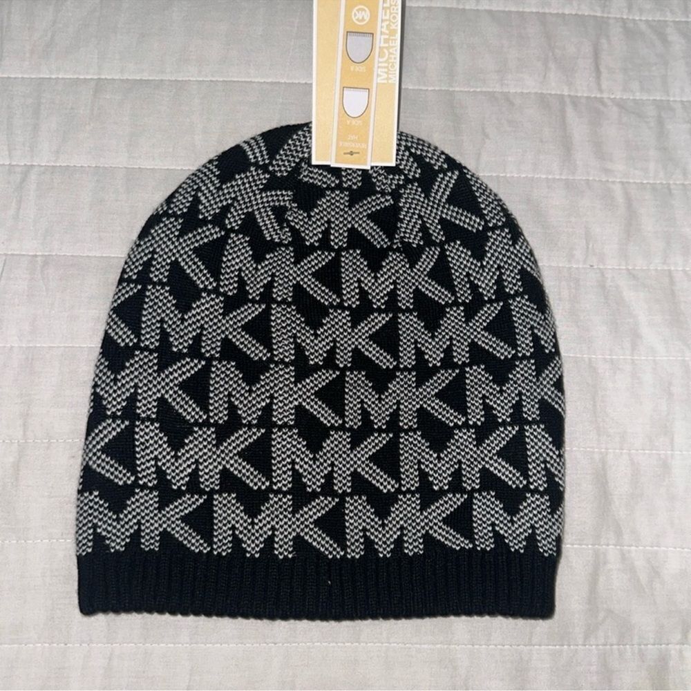 MK Black Cream MK logo print double knit reversible beanie hat